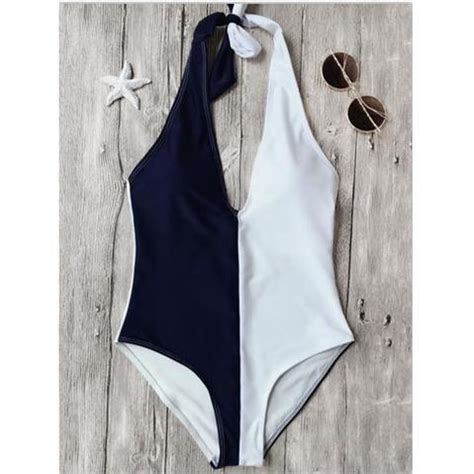 Sexy Halter Navy Blue White Splicing Color One Piece Bikini Show Thin On Luulla