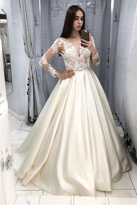 V Neck Long Sleeves Lace Ivory Long Prom Dresses Wedding Dresses Long