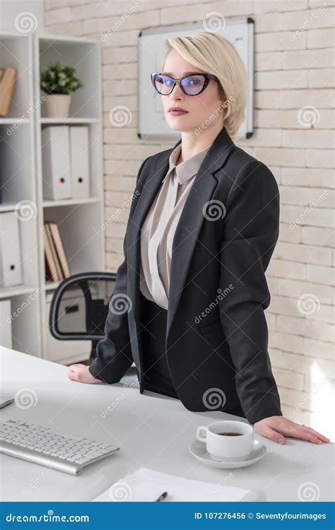 Portrait Of Blonde Female Boss In Office Stock Photo Image Of Glasses Office 107276456
