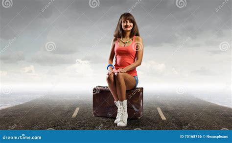 Pretty Brunette Retro Hitchhiker Stock Photo Image Of Roadside Hitchhiker