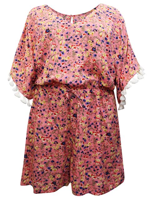 Pink Floral Print Tassel Trim Playsuit Plus Size 24 To 26