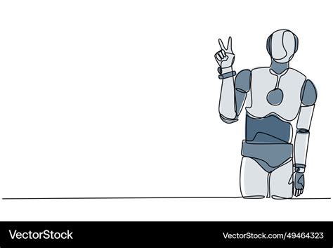 Continuous One Line Drawing Robot Standing With V Vector Image