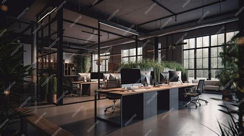 large office space   large glass wall   desk   computer