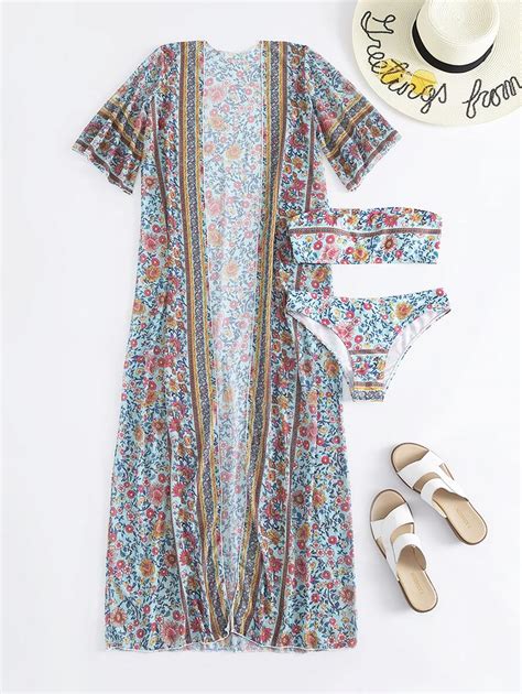 SHEIN Swim 3 Packe Bandeau Bikini mit Blümchen Muster Kimono aktuelle Trends günstig kaufen