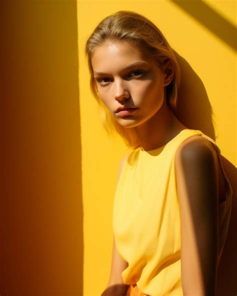 Premium AI Image A Beautiful Blonde Woman In A Yellow Dress Posing In Front Of A Yellow Wall