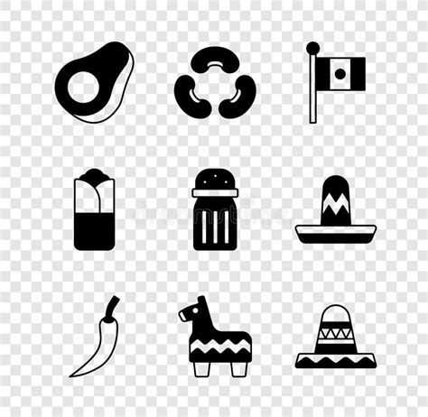 Set Avocado Fruit Beans Mexico Flag Hot Chili Pepper Pod Pinata Mexican Sombrero Burrito