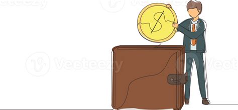 single   drawing businessman putting dollar coin  big wallet