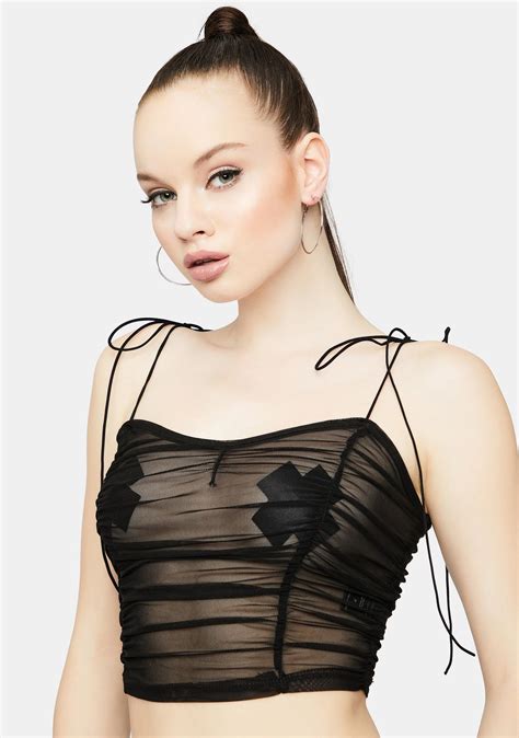 Sheer Mesh Ruched Shoulder Tie Strap Crop Top Black Dolls Kill