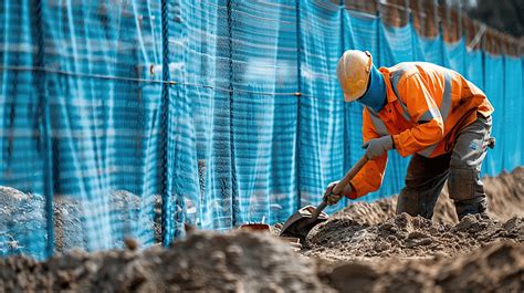 A Laborer Working With Shovel Behind The Blue Fabric Fence Background ...