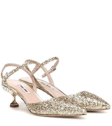 Miu Miu Leather Glitter Slingback Pumps In Gold Metallic Lyst