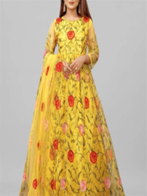 Buy Apnisha Yellow Floral Net Maxi Dress Dresses For Women