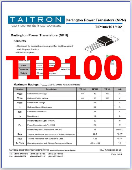 TIP100 PDF Datasheet 60V 8A Darlington NPN Transistor