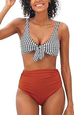 Amazon Cupshe Women S High Waisted Bikini Swimsuit Knot Gingham Two Piece Bathing Suit