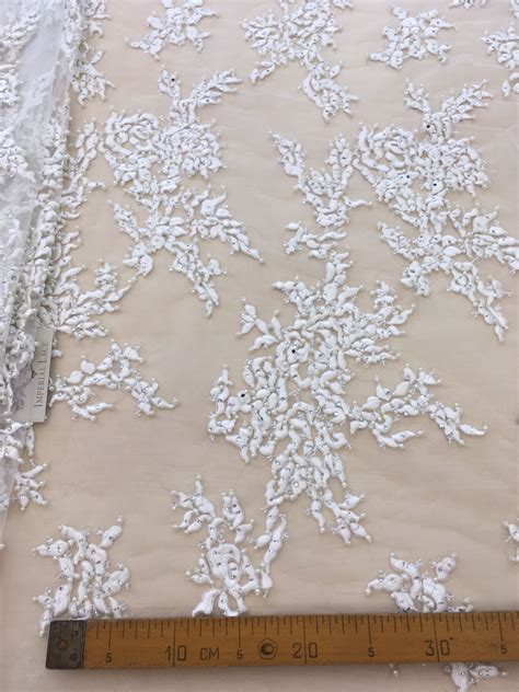 White embroidery on tulle base - 3D Lace Fabrics - lace fabric from