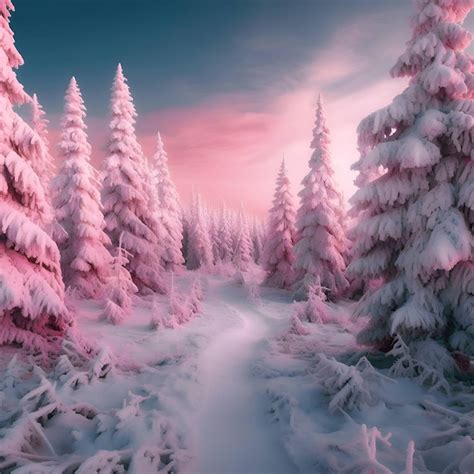 Premium Ai Image Fantastic Winter Landscape Dramatic Pink Sunset In