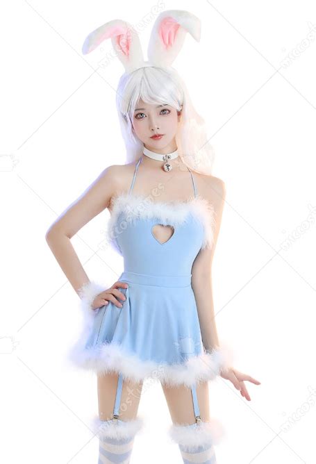 Bunny Girl Sexy Lingerie Set Blue Furry Heart Hollow Halter Bodysuit With Skirt And Striped