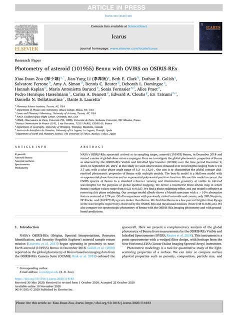 (PDF) Photometry of asteroid (101955) Bennu with OVIRS on OSIRIS-REx