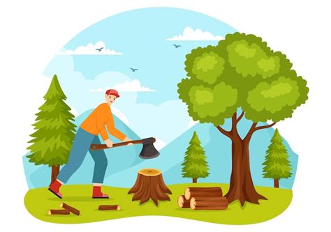 Premium Vector Timber Vector Illustration With Man Chopping Wood And