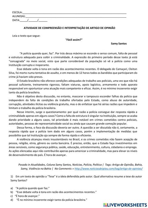 Exercícios Com Artigo De Opinião - Atividade sobre Artigo de opinião worksheet | Coiba
