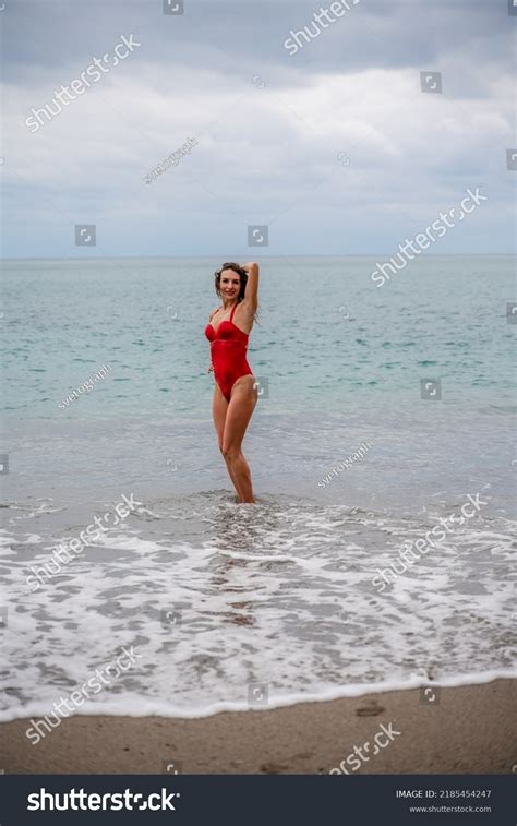 Beautiful Sexy Brunette Red Swimsuit On Stock Photo Shutterstock