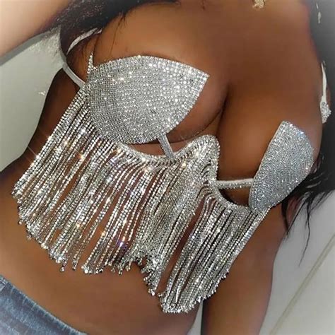 Sexy Bling Rhinestone Halter Mesh Bra Top For Women Fashion Shiny Tassel Bra Chain Bikini