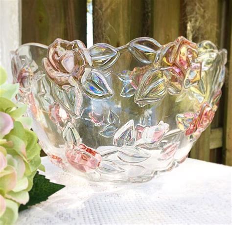 Glass Rose Bowl Fruit Clear Decorative Pink Flowers With Tinted Green Leaves Serving Bowl