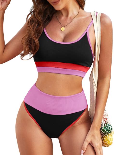 Eytino Women S Bikini Sets Two Piece Swimsuit Tummy Control High Waisted Bathing Suit Black XL