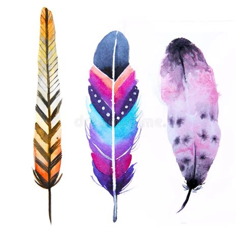 Hand Drawn Watercolor Vibrant Feather Set Boho Style Illustration