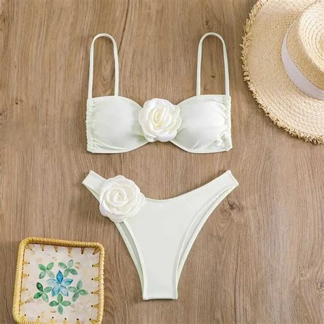 Flower Bandeau High Waisted Bikini S Sexy Micro Thong Swimsuit With