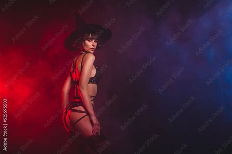 Profile Side View Portrait Of Attractive Kinky Trendy Naked Girl Posing Isolated Over Black Blue