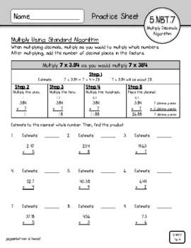 5 NBT 7 Practice Sheets Multiply Decimals By Kathleen And Mande