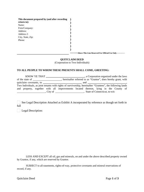 Quitclaim Deed From Corporation To Two Individuals Connecticut Fill