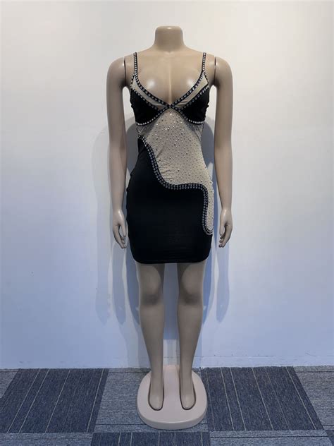 Sexy Hot Diamond Perspective Elastic Strap Wrap Hip Tight Dress