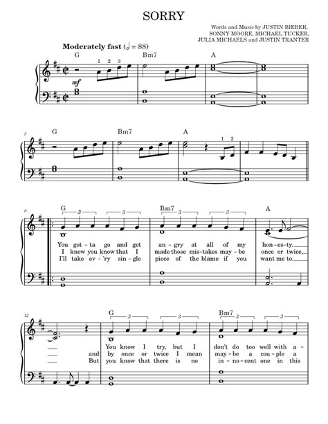 Sorry Sheet Music For Piano By Justin Bieber Official