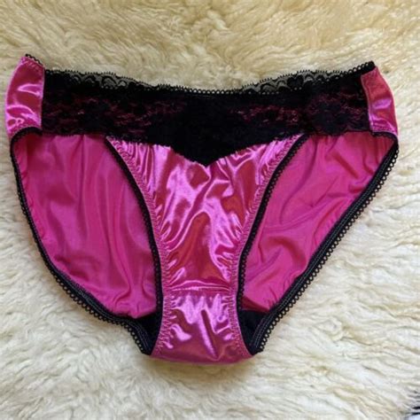 Glossy Liquid Hot Pink Satin Vtg Black Lace French Bikini Panty Sissy L EBay