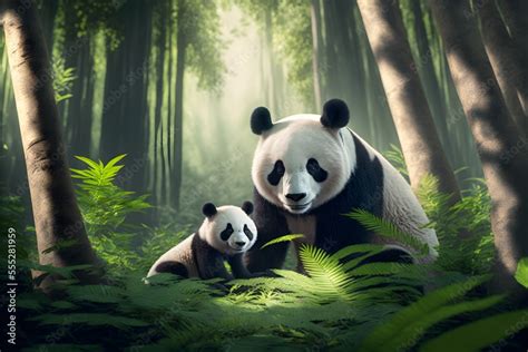 Mother panda and her cub happy together in a daytime scene in the wild ...