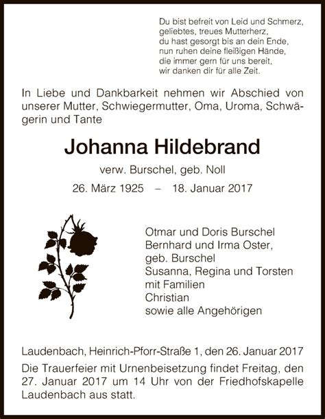 Traueranzeigen Von Johanna Hildebrand Trauer Hna De