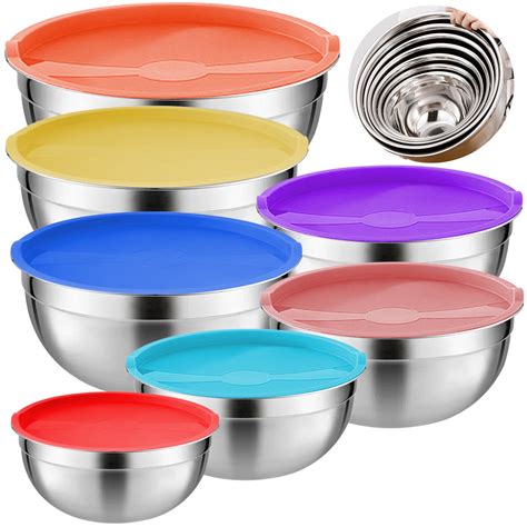 Fabulas BPA-Free Metal Mixing Bowls with Lids Set (Set of 7), Stainless Steel for Cooking, Salad ...