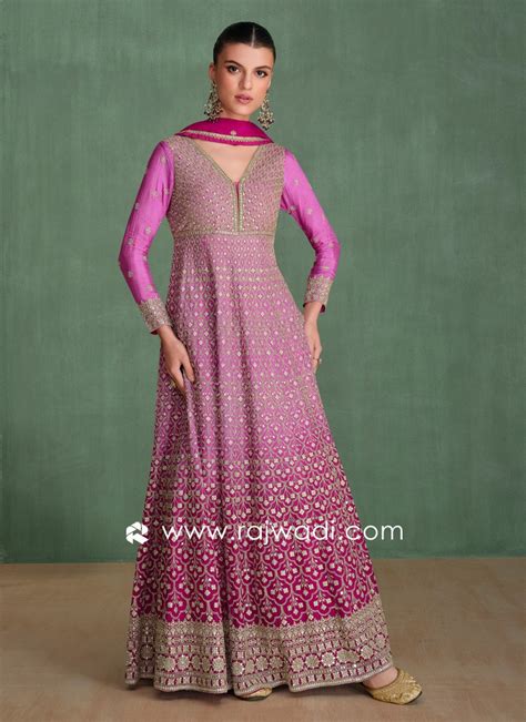 Hot Pink Ombre Zari Embroidered Anarkali Set