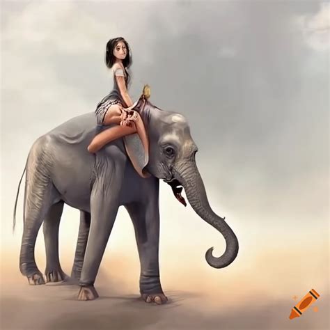 Girl Riding A White Elephant In The Jungle