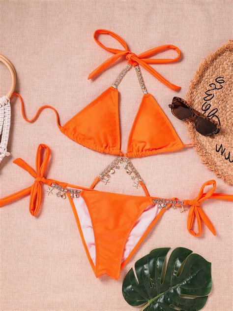 Shein Swim Sxy Set Bikini Unicolor Con Cadena De Diamantes De Imitaci N Sujetador Triangular
