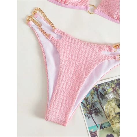 Uveng New Ring Linked Chain Detail Tie Back Micro Triangle Bikini