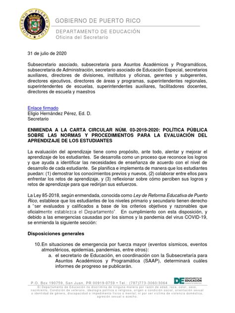 Carta Circular 03-2019-2020 Evaluacion Enmendada-Firmado | PDF ...