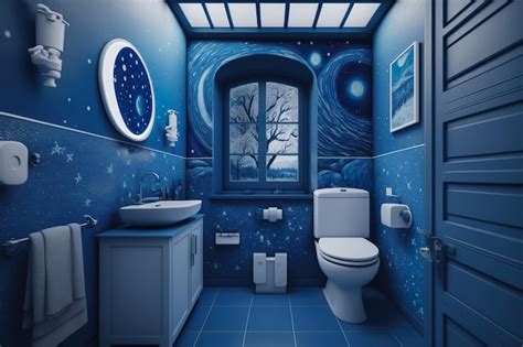 Premium Ai Image A Bathroom With A Blue Wall With A Painting Of A