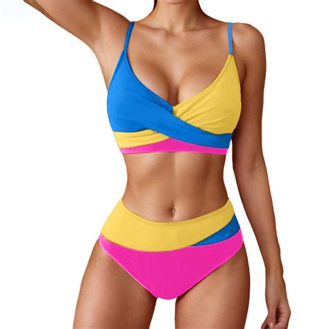 Jjayotai Women S Piece Colorblock Bikini Set Clearance High Waisted Wrap Spaghetti Strap