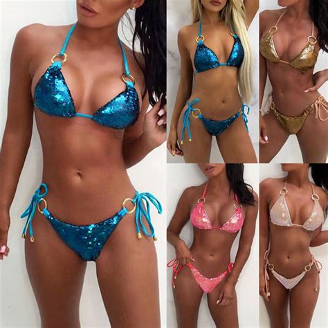 Frauen Pailletten Strass Kristall Diamant Bikini Set Bademode Badeanzug