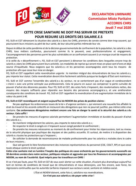 Déclaration intersyndicale FO CGT et SUD du 7 mai 2020 FNAS FO