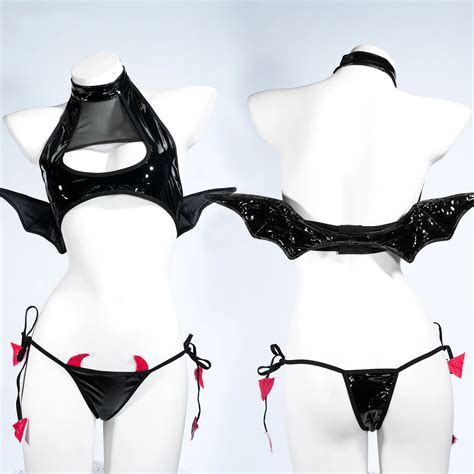 ZOBOTT Kawaii Anime Underwear Cosplay Devil Costume Sexy Lingerie Set Leather Wings Micro Bikini