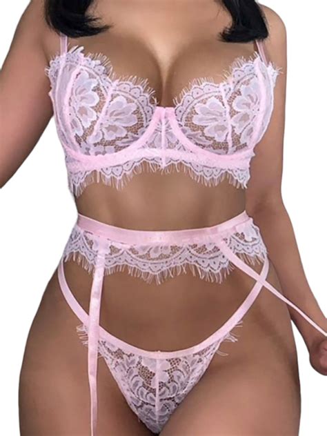 Lilylll Womens Eyelash Lace Lingerie Suit Bra G Sting Panties Garter