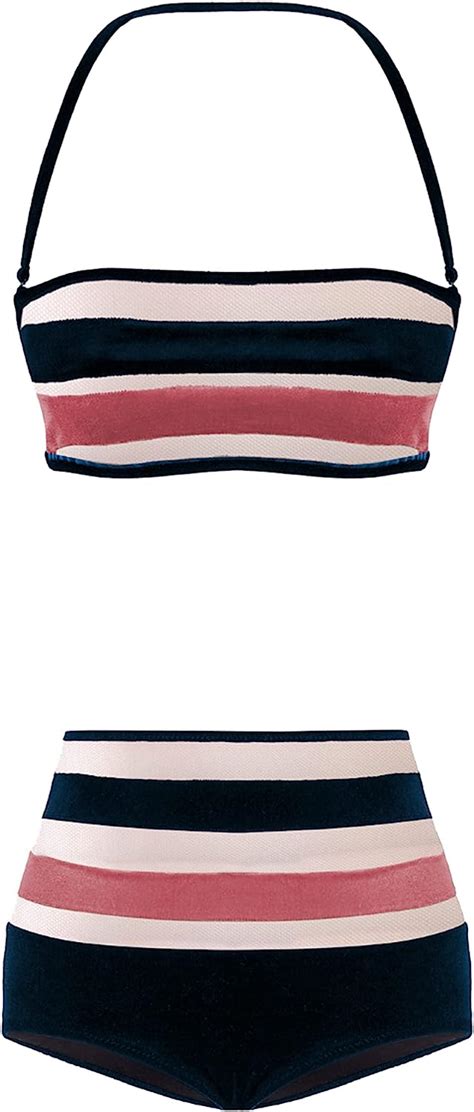 Amazon Adriana Degreas Striped Velvet Hot Pants Bandeau Bikini S Navy Luxury Stores